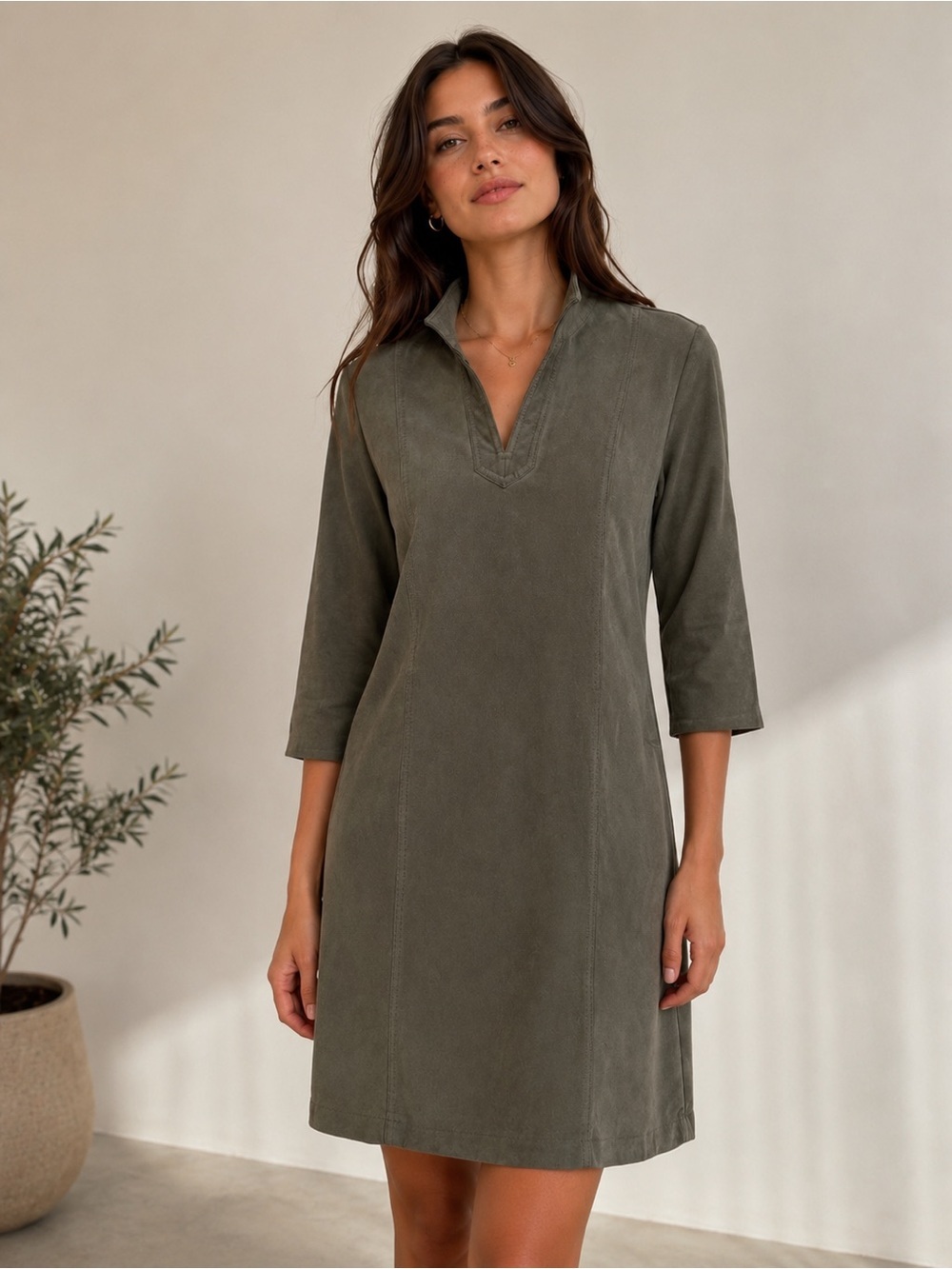 J. McLaughlin Faux Suede Shift Dress Olive Green Size Small